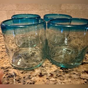 Blown Glass from Mexico Vintage Aqua Blue Rim Set of 4 Tumblers. No 2 alike!